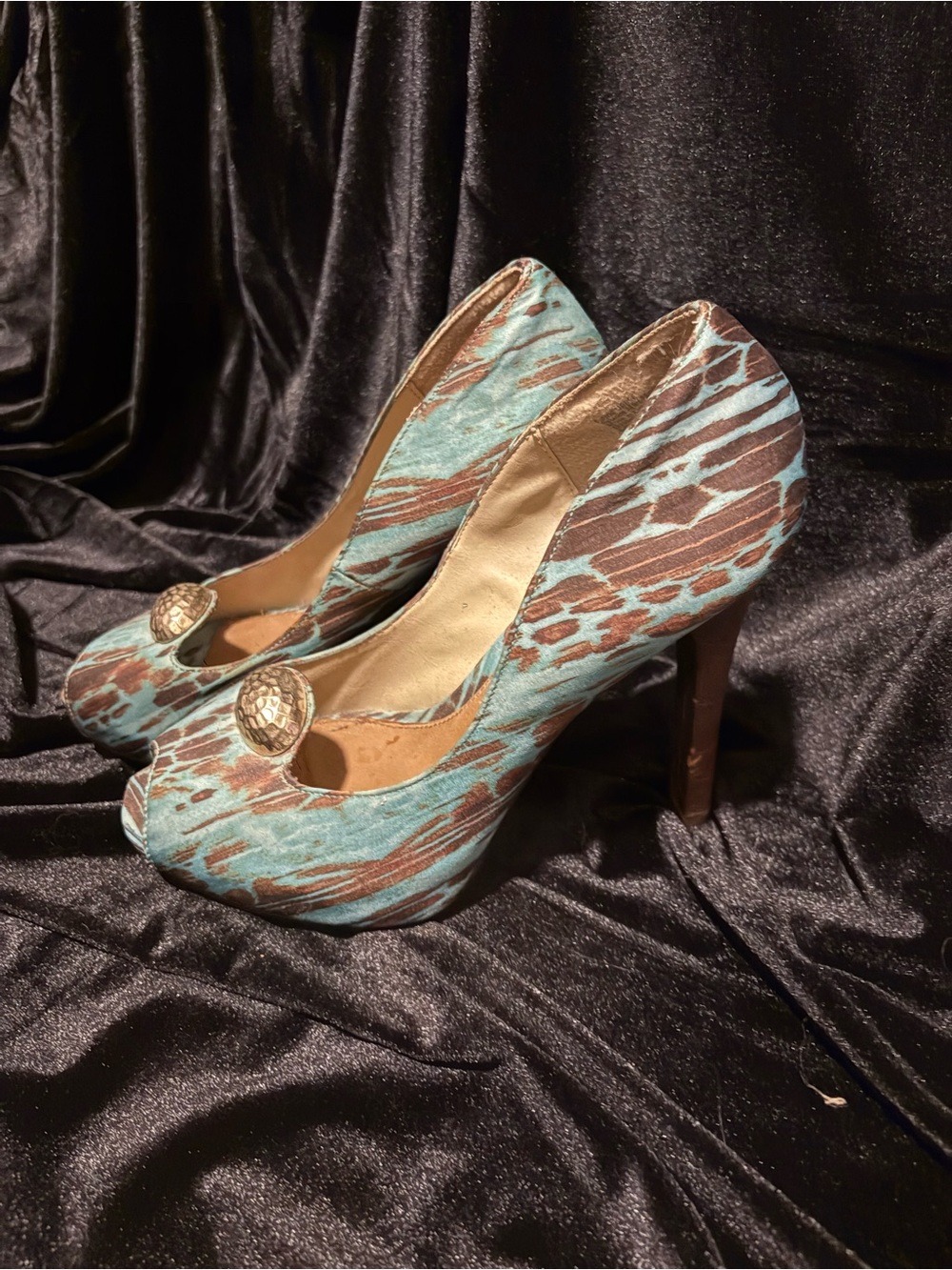 Christian Siriano Teal and Brown Patterned Peep-Toe Heels